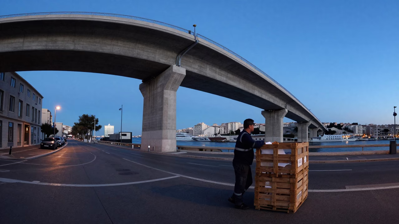 Marseille Evening Street Scene with Concrete Viaduct and Crate in in Marseille, France