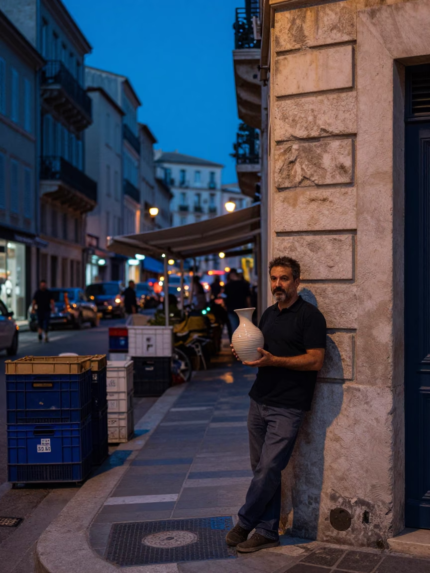 Marseille evening street scene with crates and local life in blue twilight in in Marseille, France