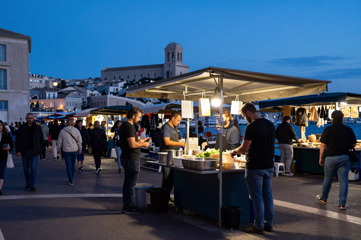 Marseille Evening Street Scene with Local Market Activity and Urban Details in in Marseille, France