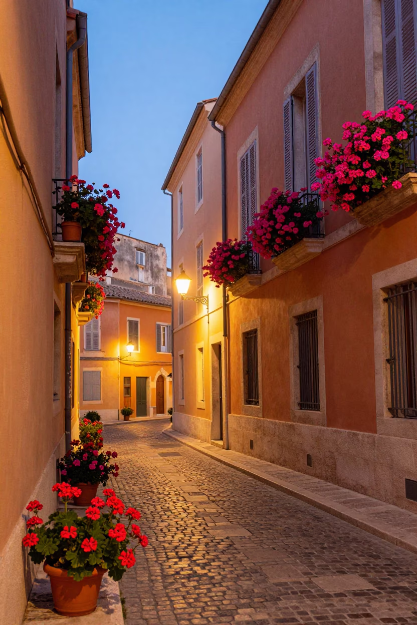 Marseille evening street scene with potted geraniums and glowing city lights in in Marseille, France