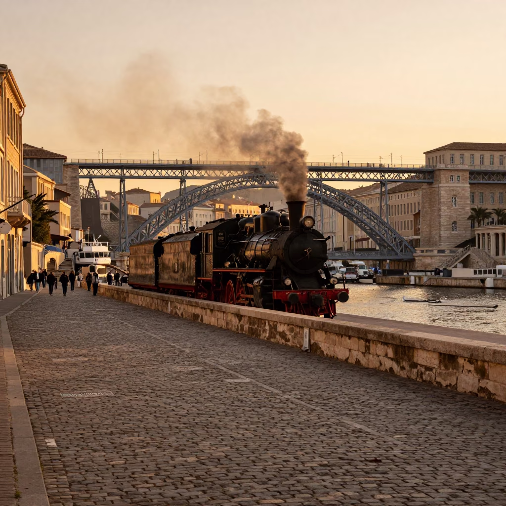 Marseille evening street scene with steam locomotive bridge and local dining in in Marseille, France