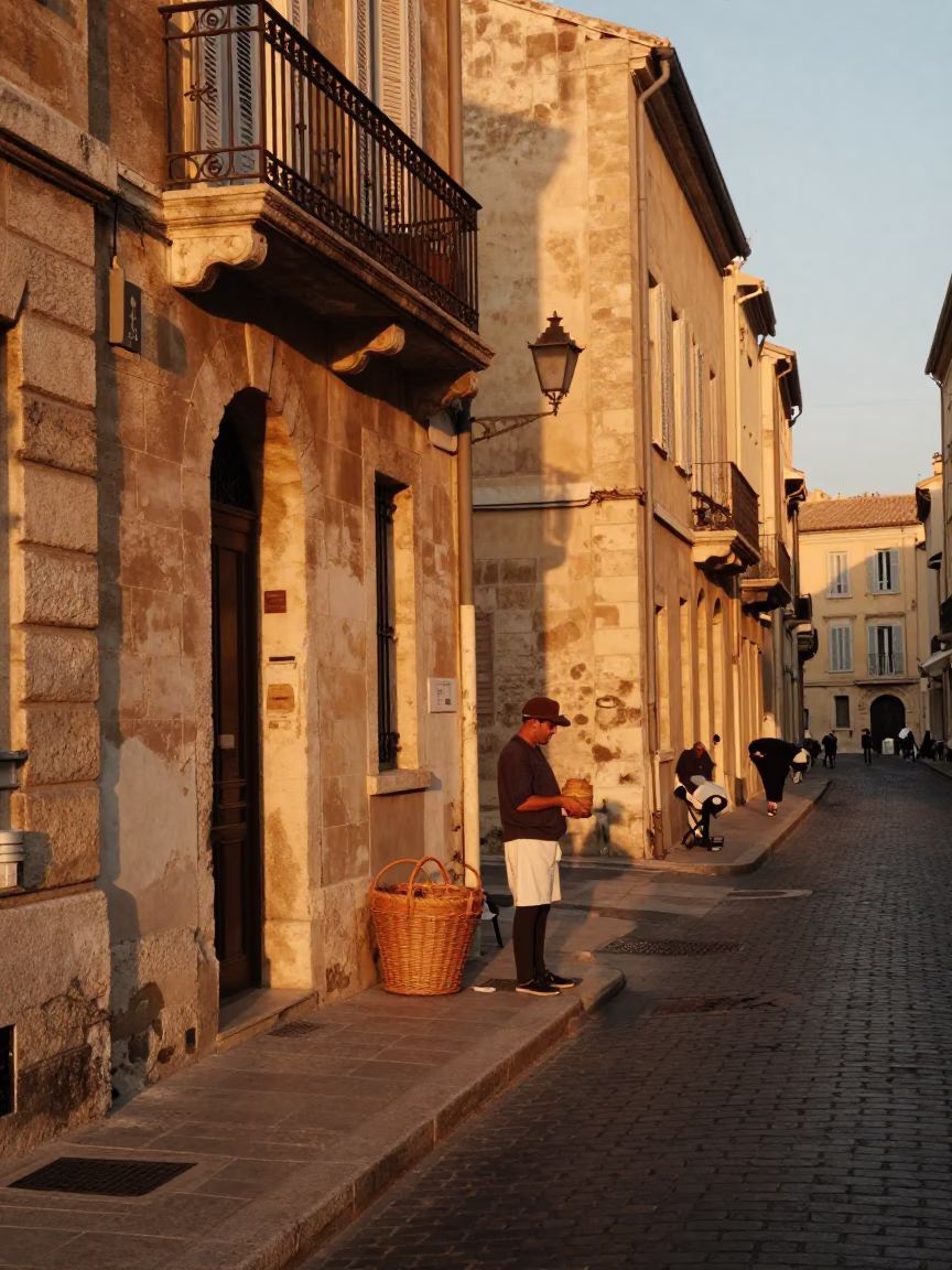 Marseille Evening Street Scene with Wicker Basket and Traditional Architecture in in Marseille, France