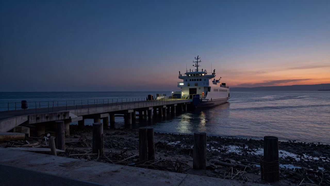 Marseille Ferry Ramp And Piling System at Twilight in in Marseille, France