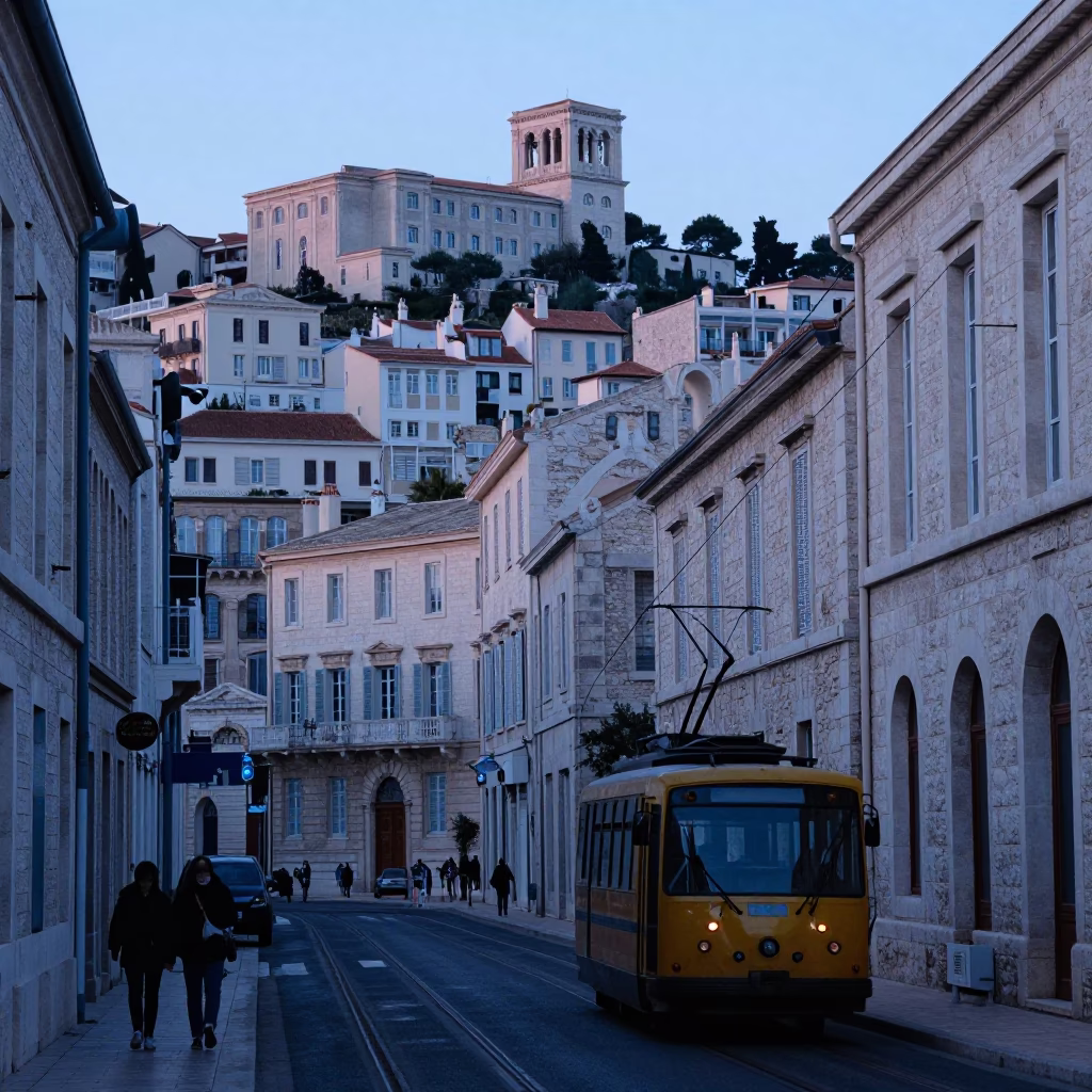 Marseille France Before Sunrise Street Scene with Funicular and Old Architecture in in Marseille, France
