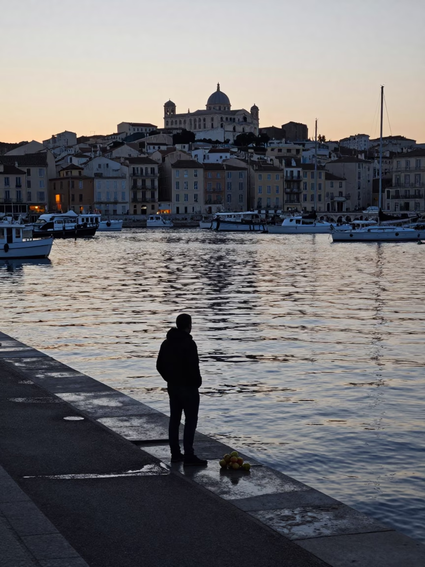 Marseille France Dawn Light on Vieux Port Waterfront with Apples and Morning Activity in in Marseille, France