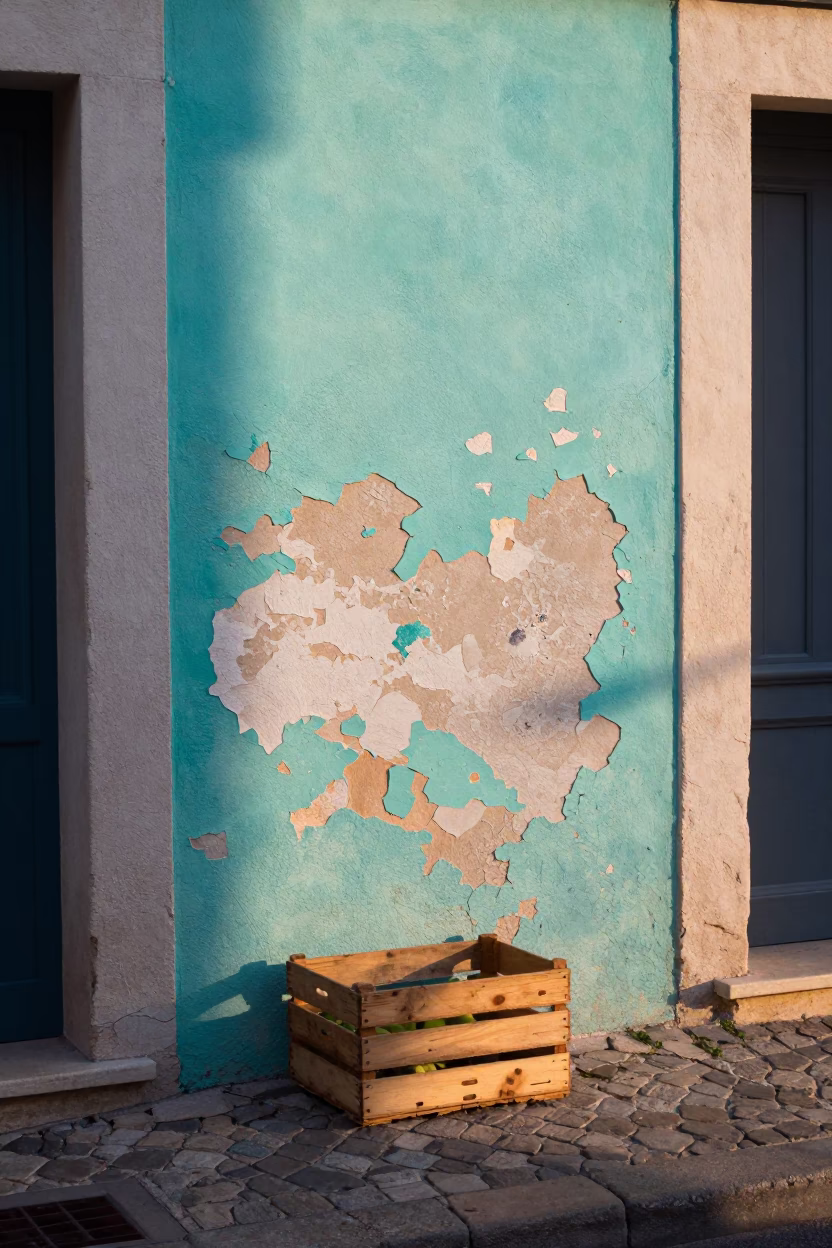 Marseille France dawn street scene with peeling turquoise paint and fruit crate in in Marseille, France