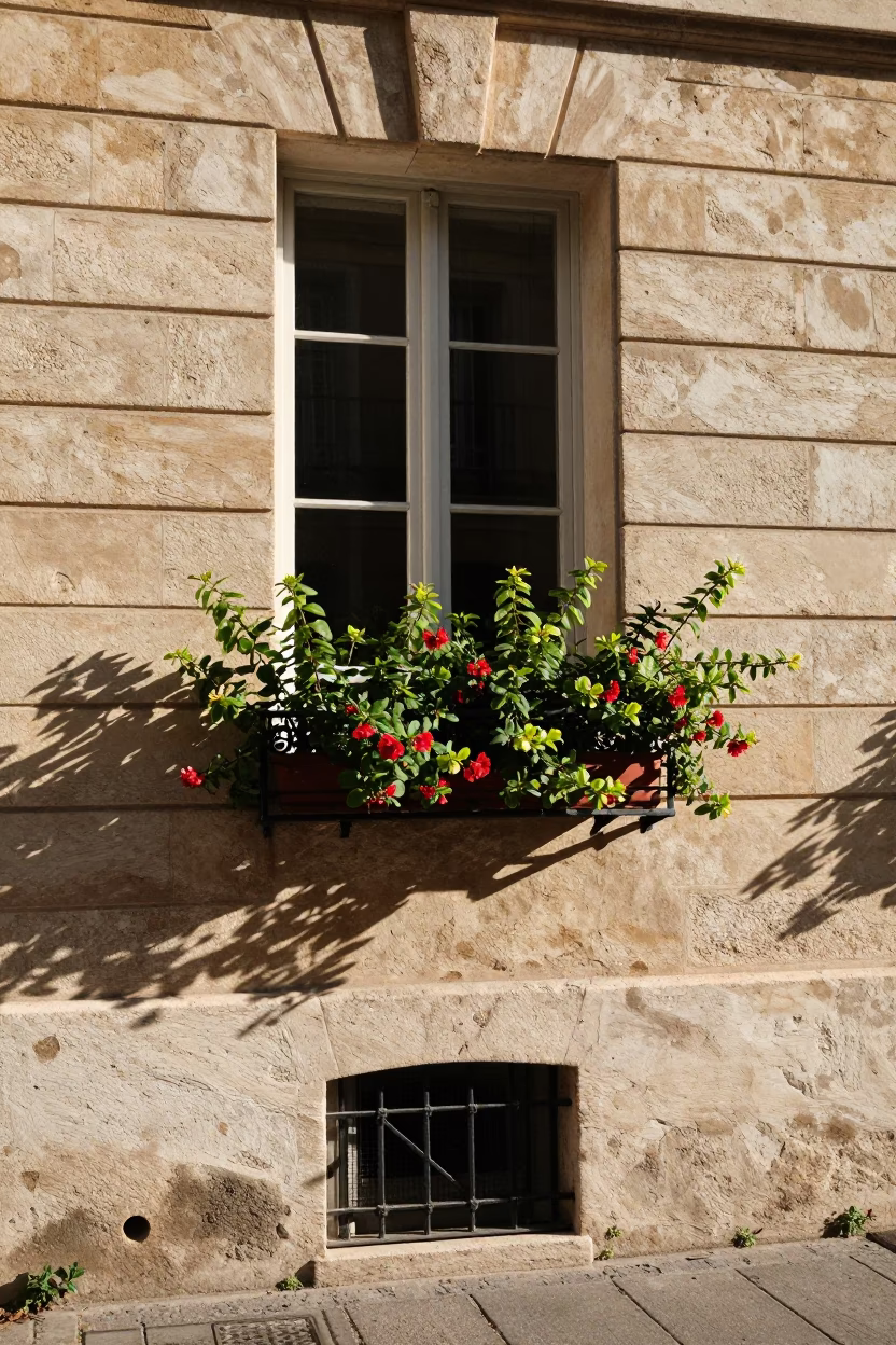 Marseille France Early Afternoon Street Scene with Window Box and Glass Jar in in Marseille, France