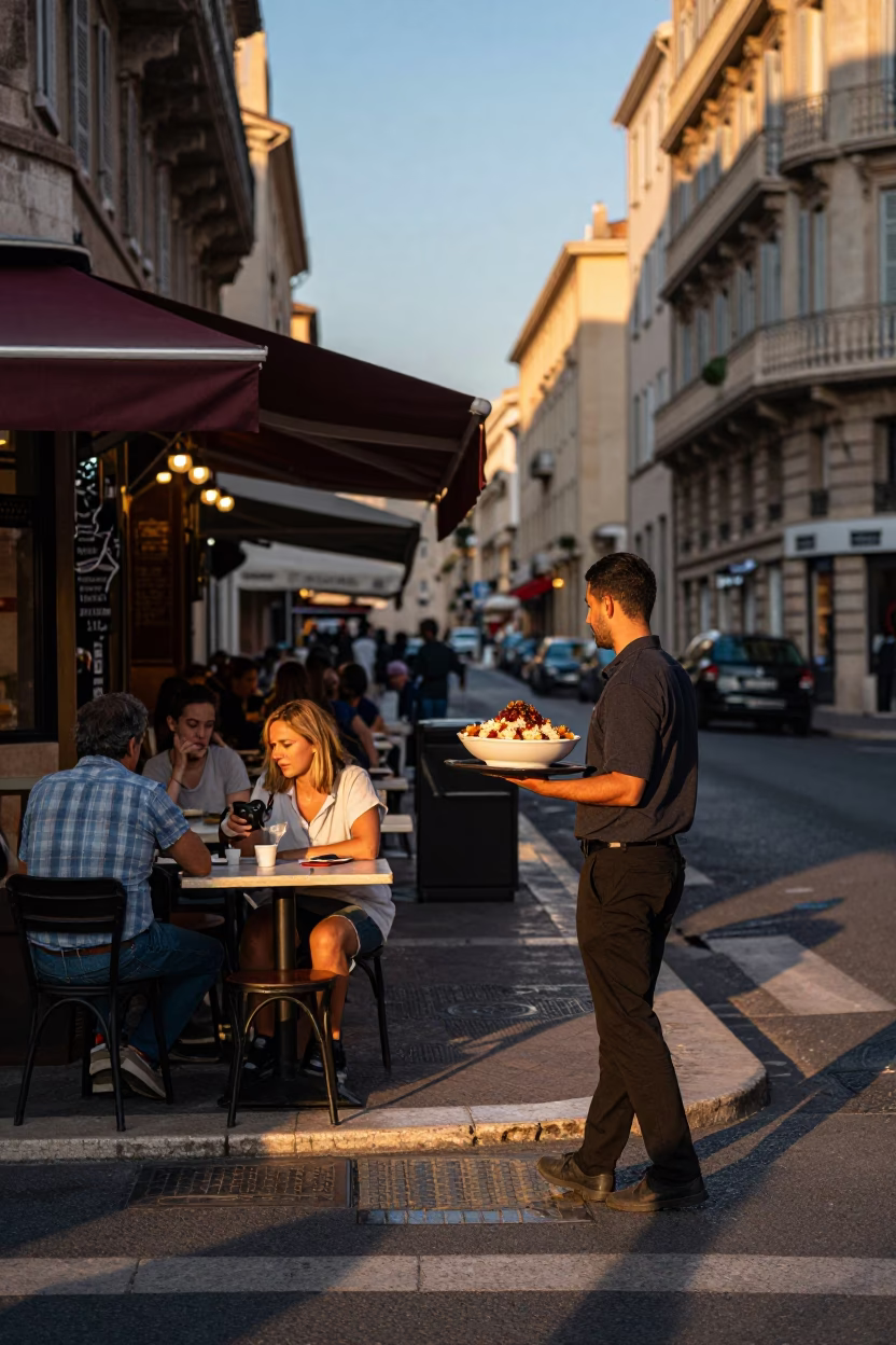 Marseille France Early Evening Street Scene with Local Dining and Urban Life in in Marseille, France
