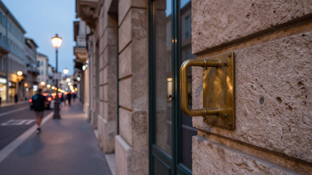 Marseille France Evening Street Scene With Brass Hardware And Glass Surfaces in in Marseille, France