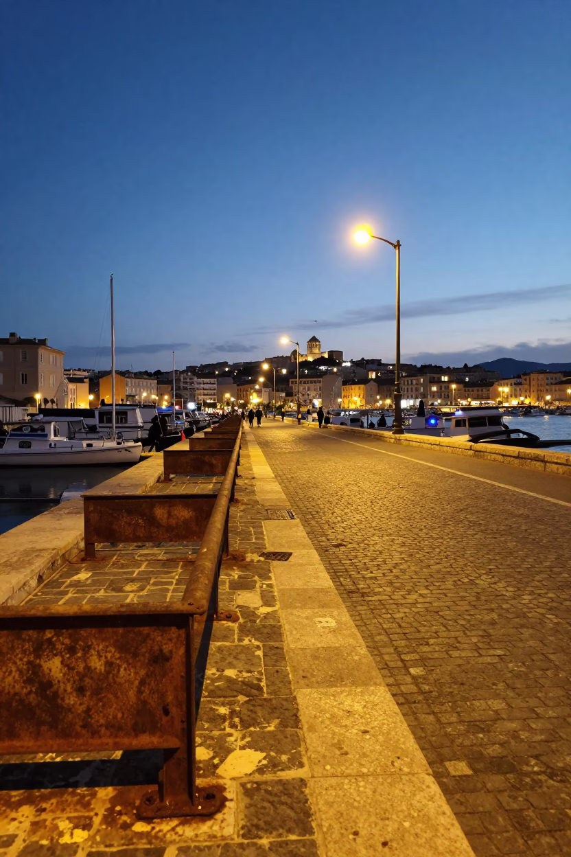 Marseille France evening street scene with rusted metal and city lights beginning to glow in in Marseille, France