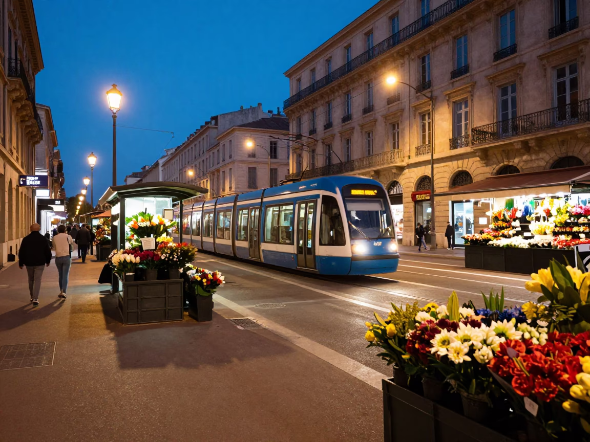 Marseille France Evening Street Scene with Tram and Flower Market Stop in in Marseille, France