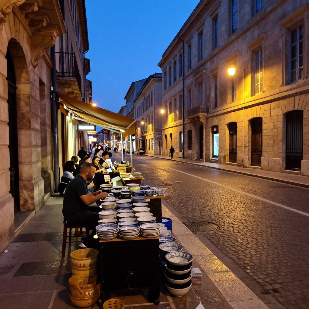 Marseille France evening street scene with vendors and ceramic bowls near Old Port in in Marseille, France