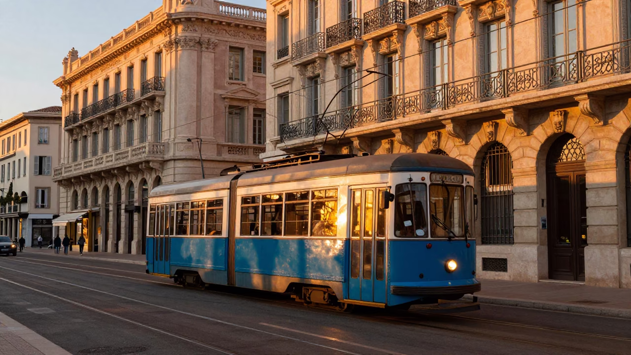 Marseille France evening tram passing Art Nouveau facades near kebab grill in in Marseille, France