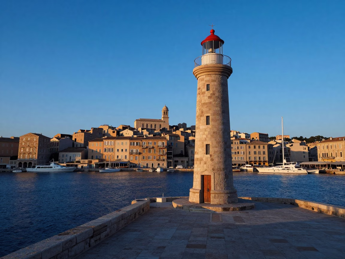 Marseille France First Light Dawn Lighthouse Old Port Harbor Realistic 1960s Street Photography in in Marseille, France