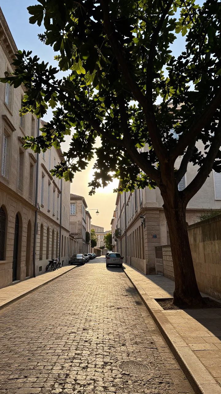Marseille France first light street scene with fig tree and traditional café in in Marseille, France