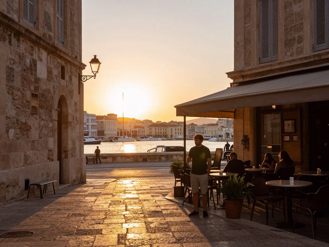 Marseille France honeyed evening light street scene with local man and vintage details in in Marseille, France