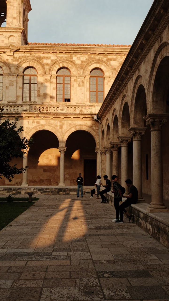 Marseille France Honeyed Evening Light University Cloister Walkway Between Old Stone Buildings in in Marseille, France
