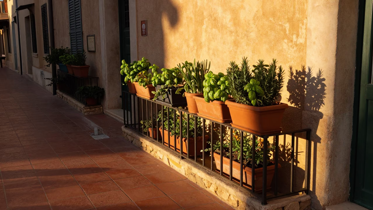 Marseille France honeyed evening street scene with houseplants and wall sconce in in Marseille, France