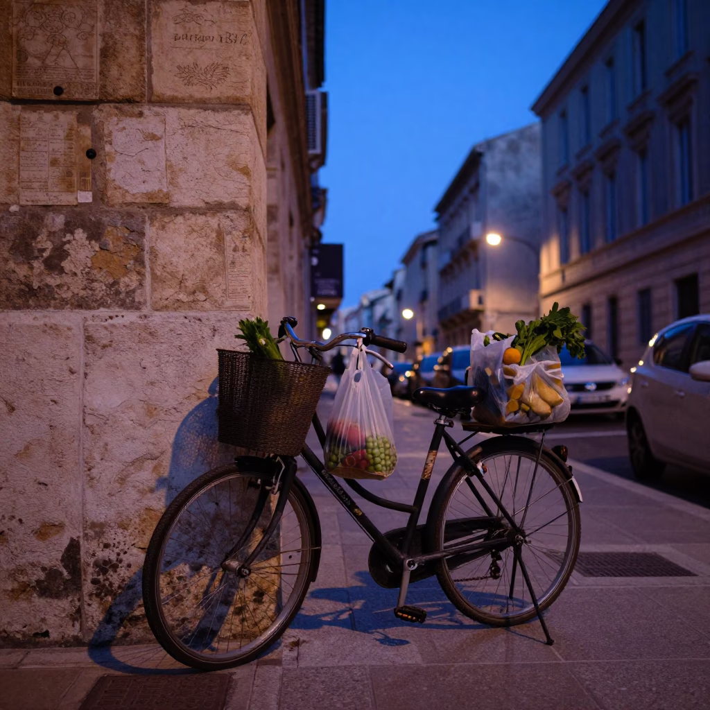 Marseille France indigo twilight street scene with bicycle basket and local candid moment in in Marseille, France
