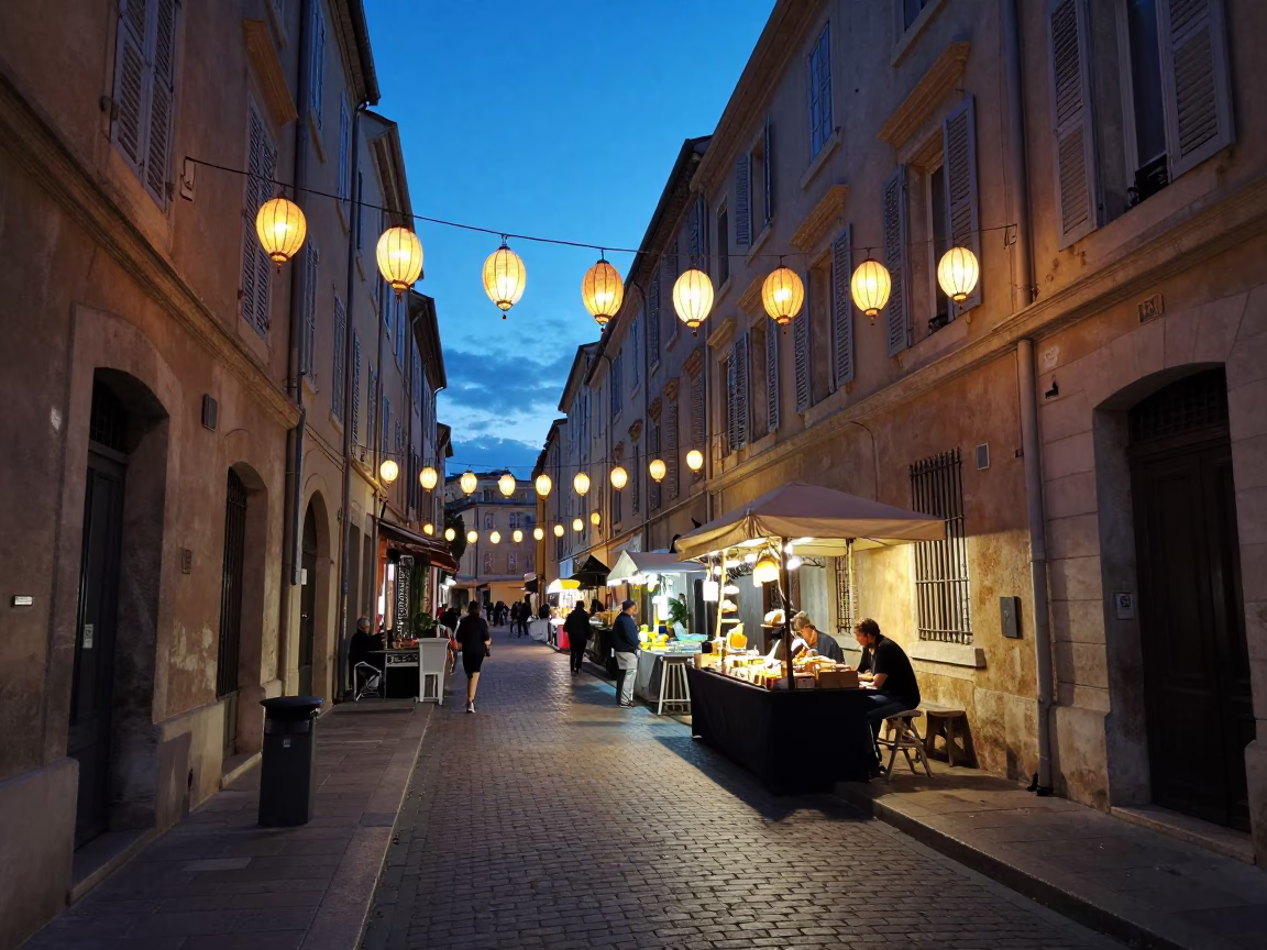 Marseille France indigo twilight street scene with hanging lanterns and local market activity in in Marseille, France