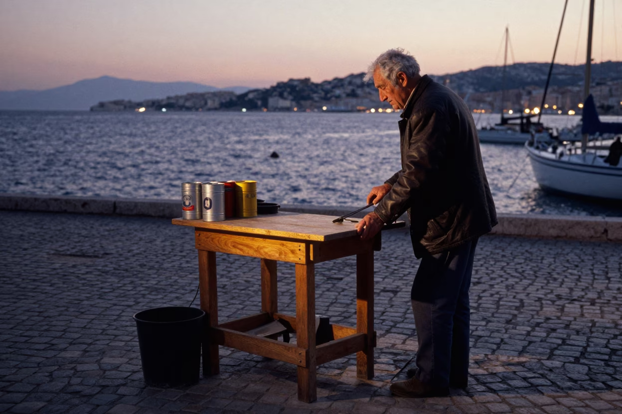 Marseille France Nautical Dawn Old Man Hinge Pin Tin Workbench in in Marseille, France