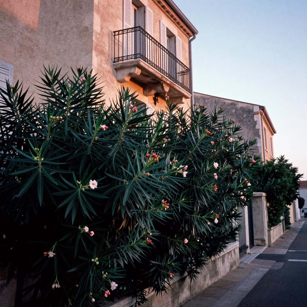 Marseille France Nautical Dawn Oleander Hedge and Traditional Balcony Life in in Marseille, France