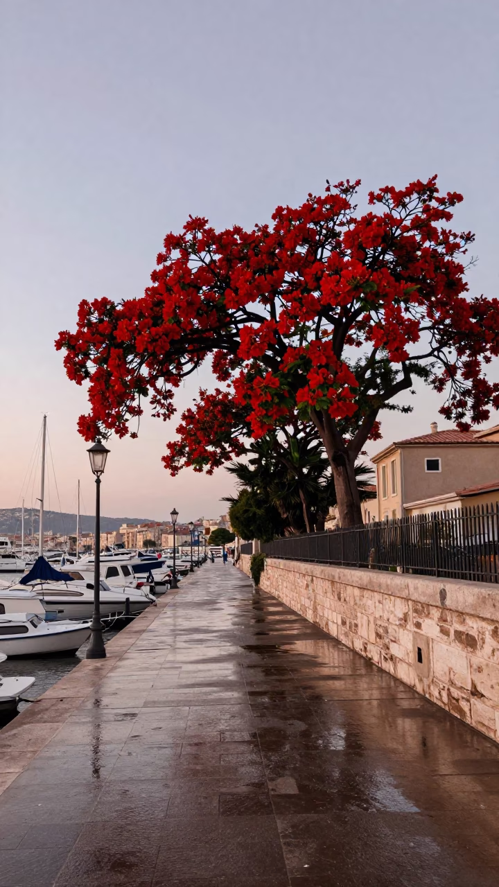 Marseille France Nautical Dawn Street Scene with Flame Tree Bloom and Levee Path in in Marseille, France