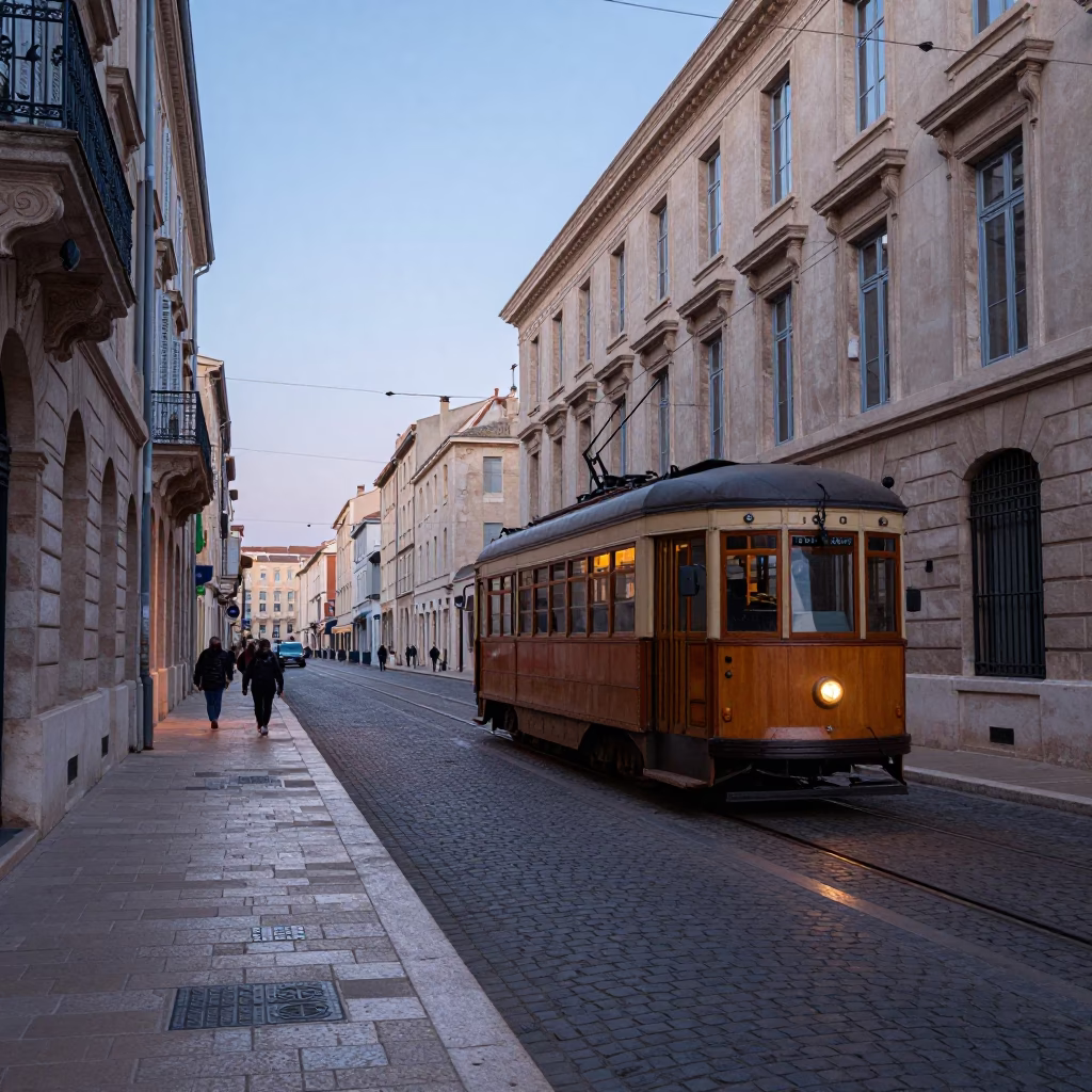 Marseille France Nautical Dawn Street Scene with Heritage Tram on Cobblestone Avenue in in Marseille, France