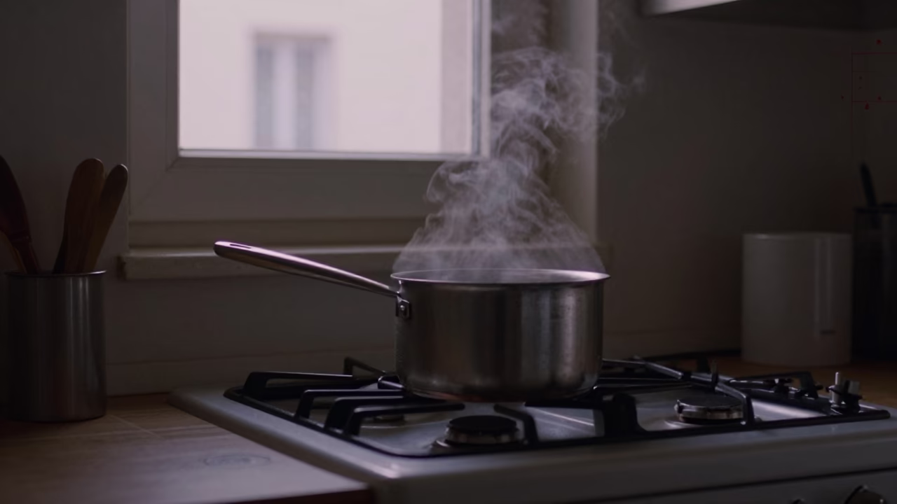 Marseille France Pre-Dawn Kitchen Scene with Saucepan and Lint on Dark Fabric in in Marseille, France
