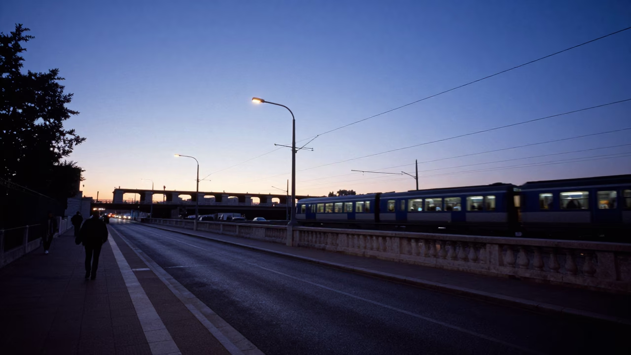 Marseille France Pre-Dawn Street Scene with Commuter Train Crossing Bridge at Blue Hour in in Marseille, France