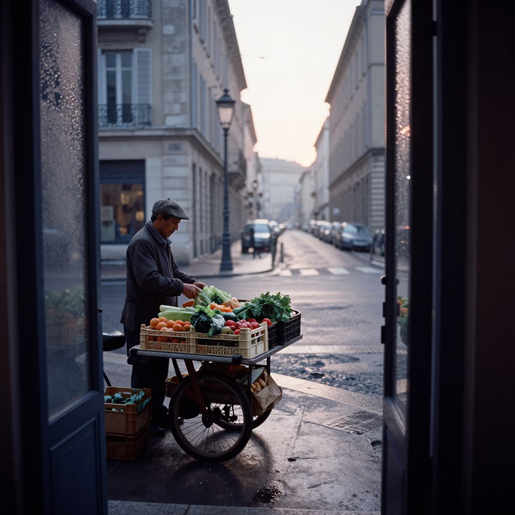 Marseille France Pre-Dawn Street Scene With Condensation On Doorframe And Local Market Activity in in Marseille, France