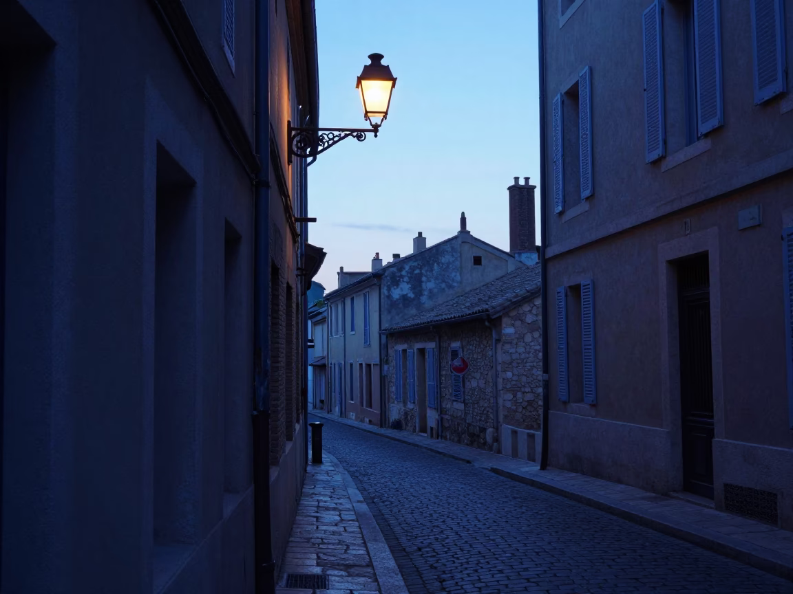 Marseille France Pre-Dawn Street Scene with Embroidered Thread Detail and Lampshade in in Marseille, France