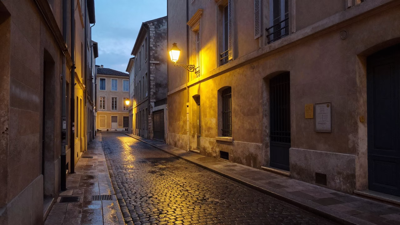 Marseille France Pre-Dawn Street Scene With Hurricane Lamp And Cobblestone Alleyway in in Marseille, France