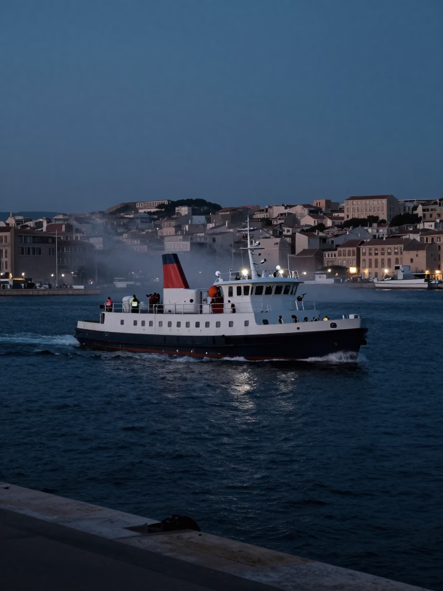Marseille France Predawn Harbor Scene with Pilot Boat and Condensation on Glass in in Marseille, France