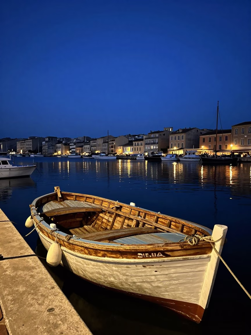Marseille France Predawn Harbor Scene With Wooden Fishing Boat At Anchor in in Marseille, France