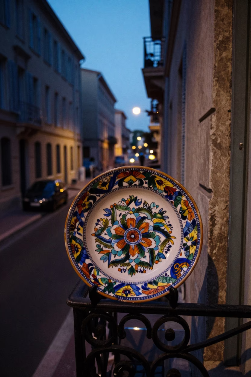 Marseille France Predawn Street Scene with Vintage Majolica Plate and Lockbox in in Marseille, France