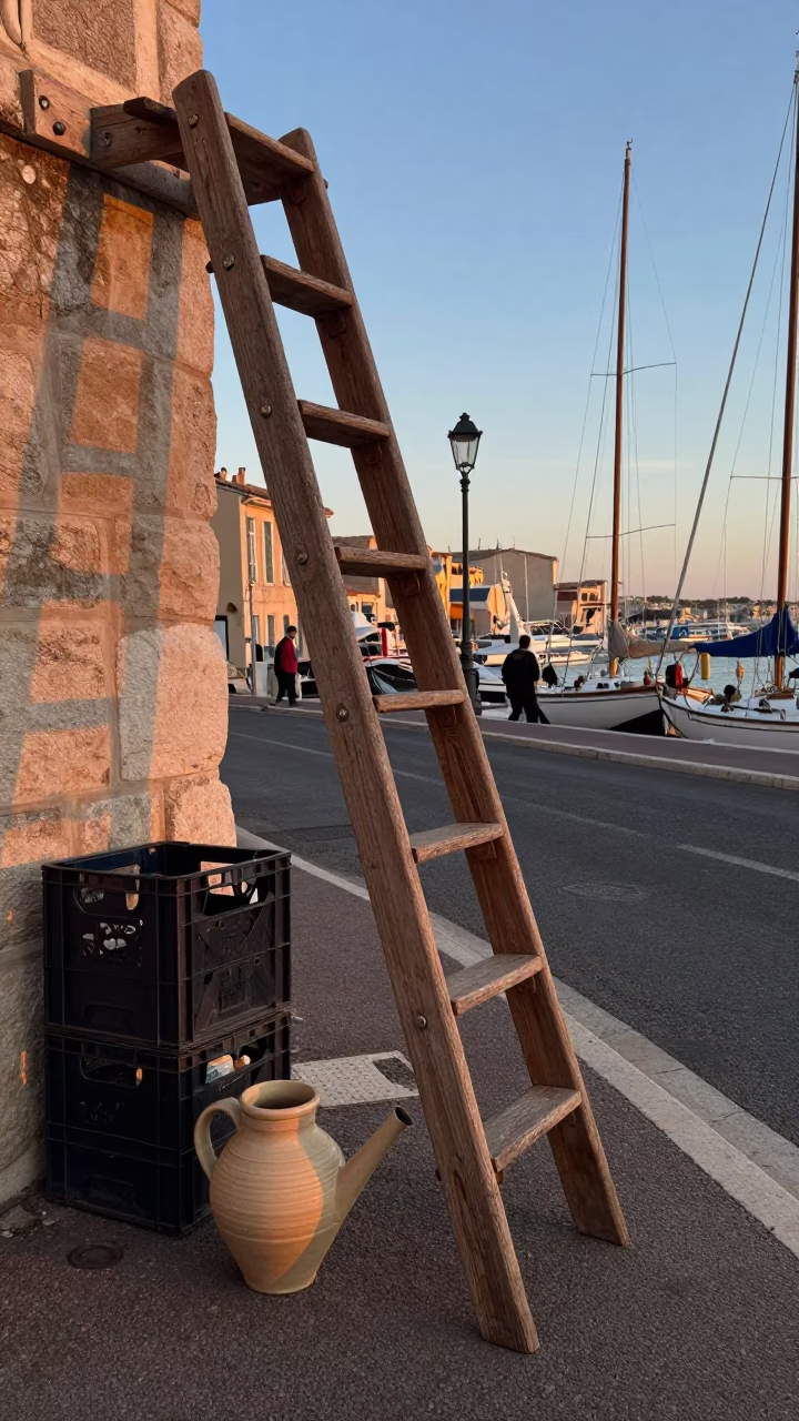 Marseille France street scene at nautical dawn with wooden ladder and watering jug in in Marseille, France