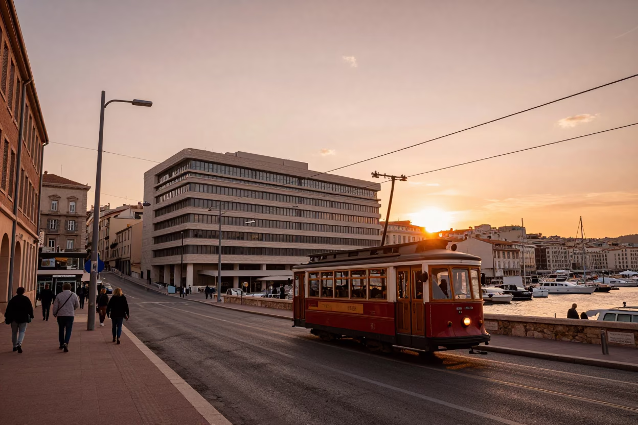 Marseille France street scene before dusk with cable car and urban architecture in in Marseille, France