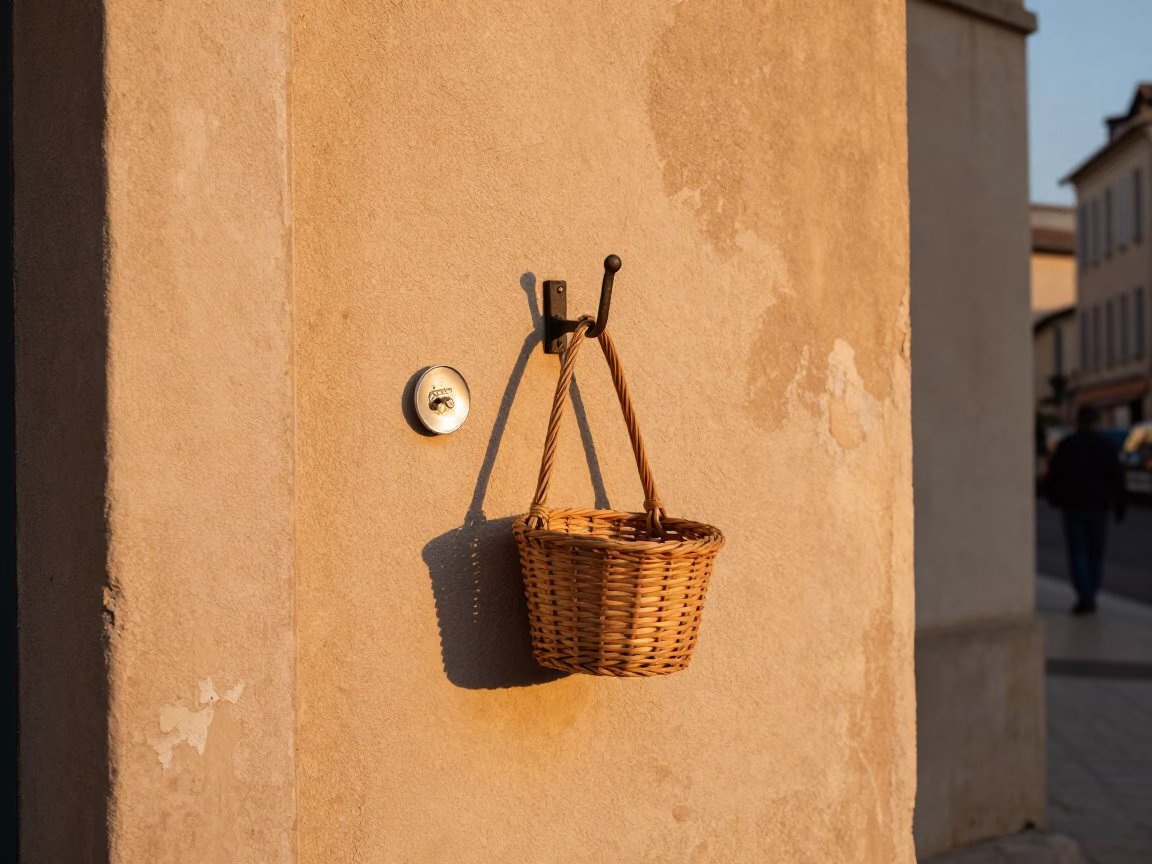 Marseille France street scene with wall hook and pin tin in honeyed evening light in in Marseille, France