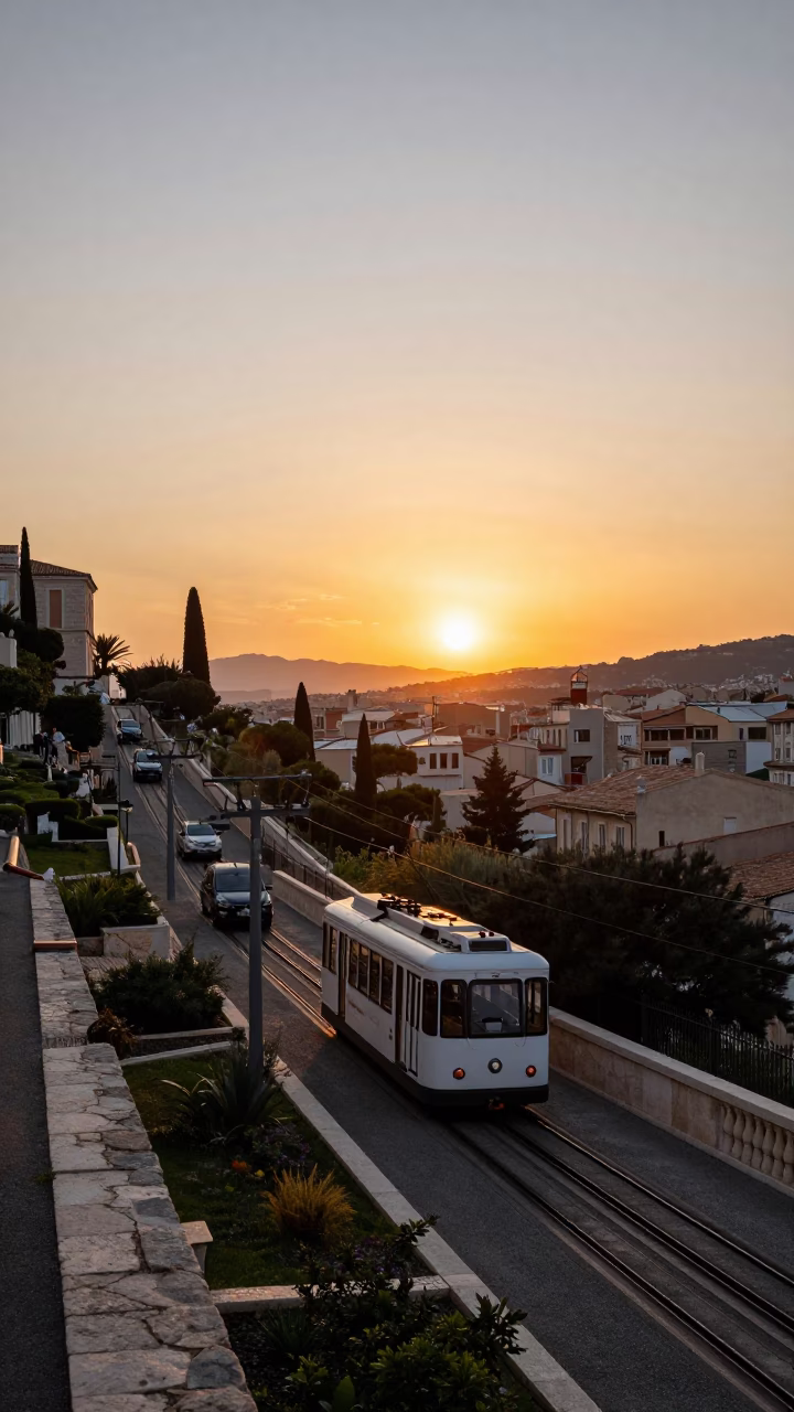 Marseille France sunset street scene with funicular railway and terraced gardens in in Marseille, France