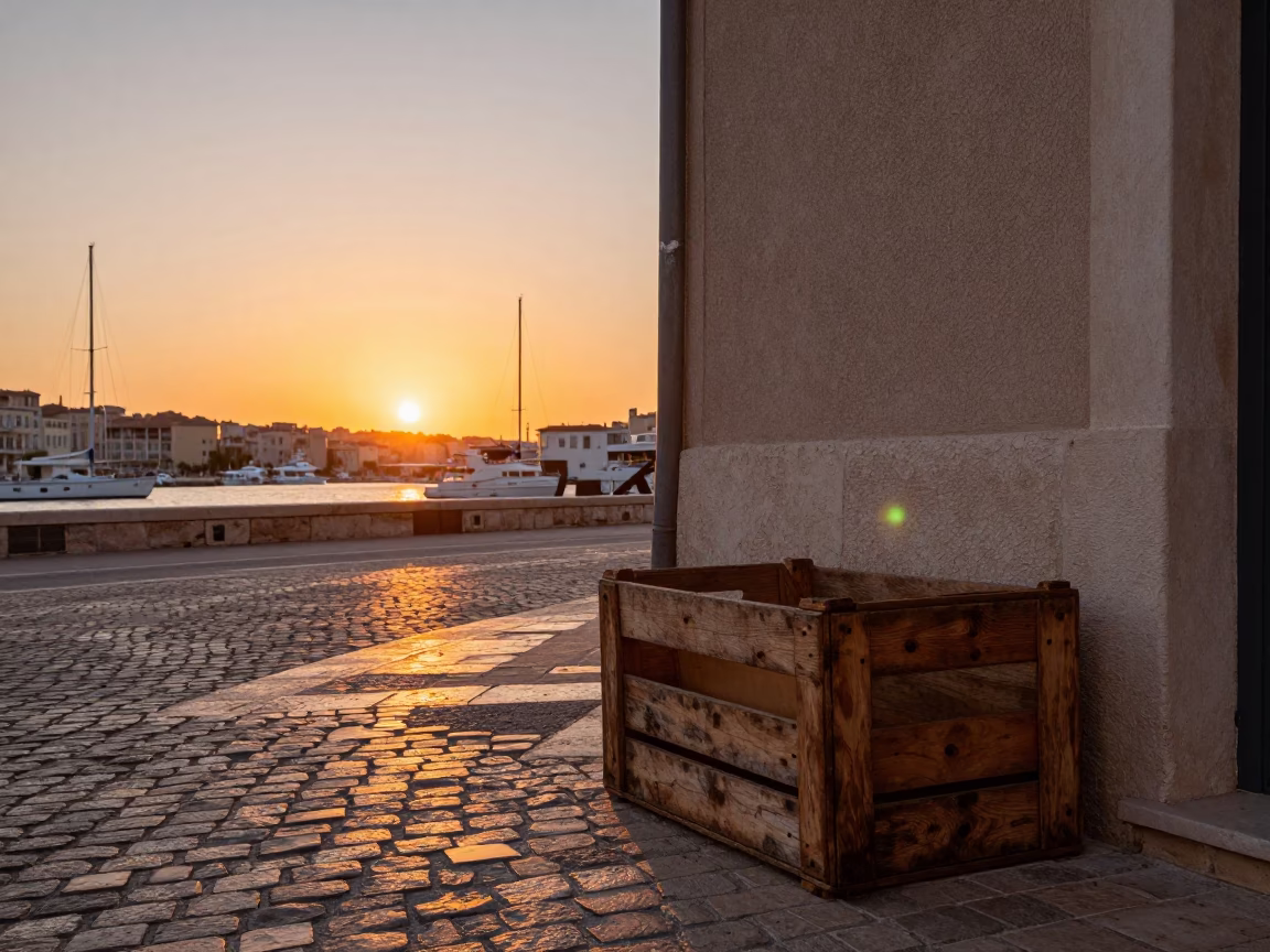 Marseille France Sunset Street Scene with Wooden Crate and Rustic Door Handle in in Marseille, France