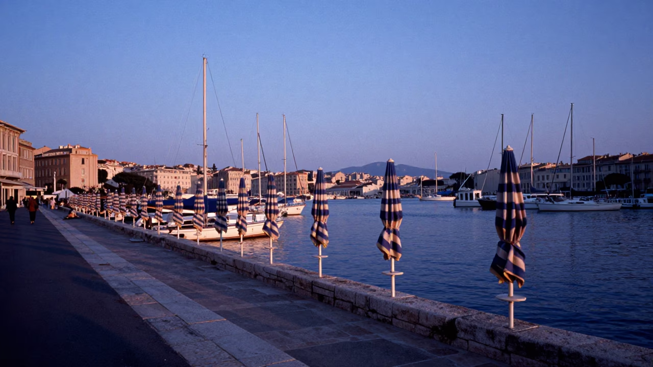 Marseille Harbor at Nautical Dawn with Umbrellas and Vintage 1980s Street Life in in Marseille, France