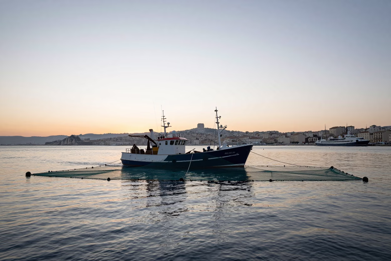 Marseille Harbor Dawn Shrimp Trawler Nets Deployed at Sunrise in in Marseille, France