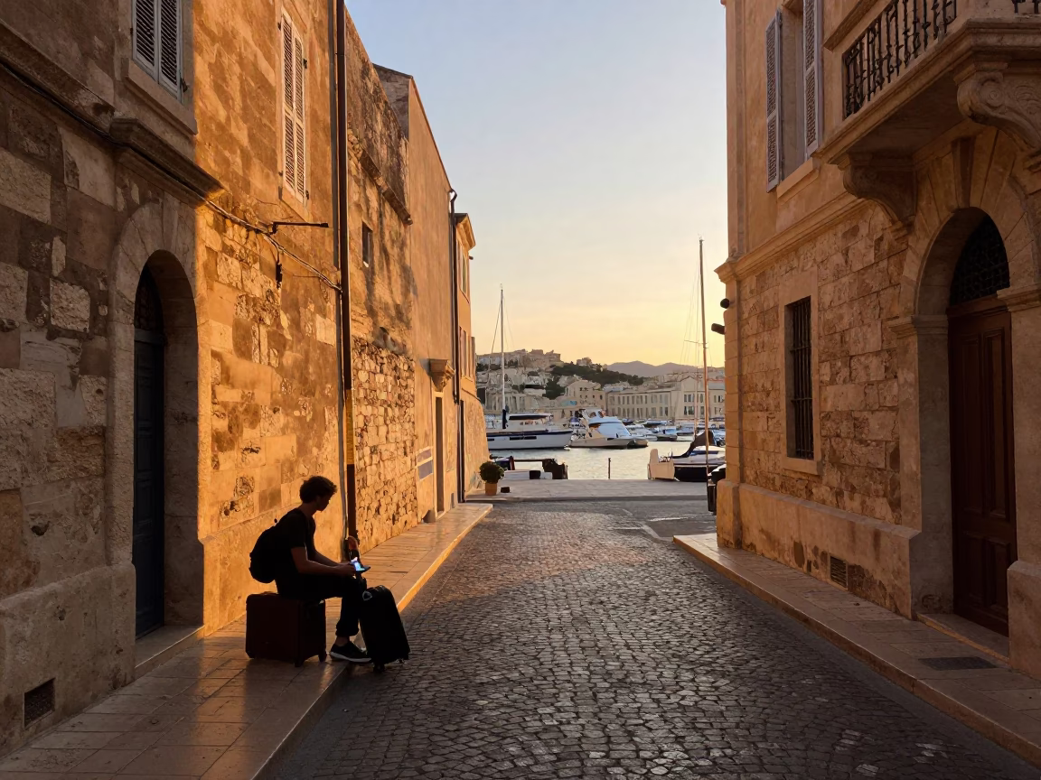 Marseille Harbor Evening Scene with Suitcases and Cobblestone Streets in in Marseille, France