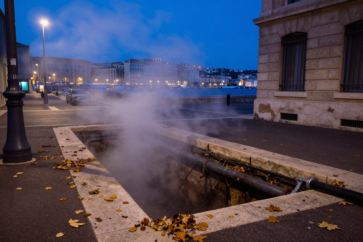 Marseille indigo twilight street scene with steaming district heating pipes and pebble beach rowboat in in Marseille, France