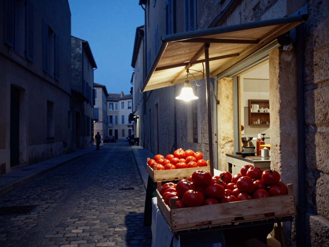 Marseille indigo twilight street scene with tomatoes and kitchen sink in in Marseille, France