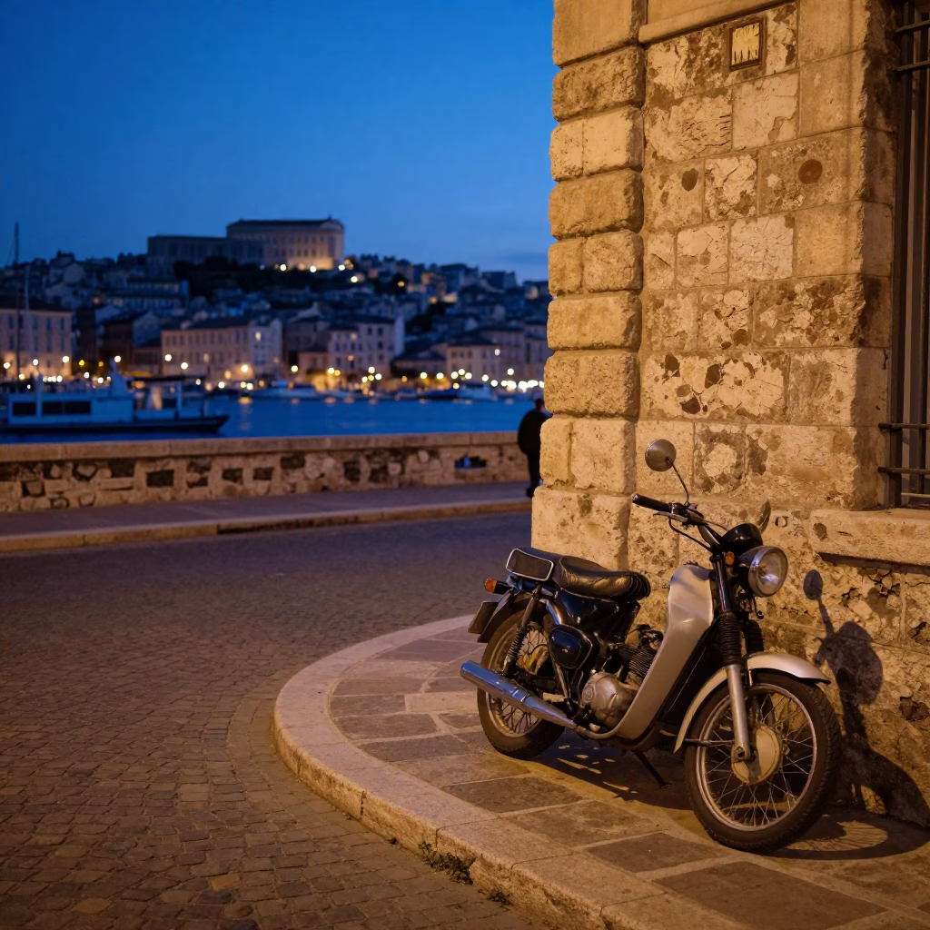 Marseille indigo twilight street scene with vintage motorcycle and local bench in in Marseille, France