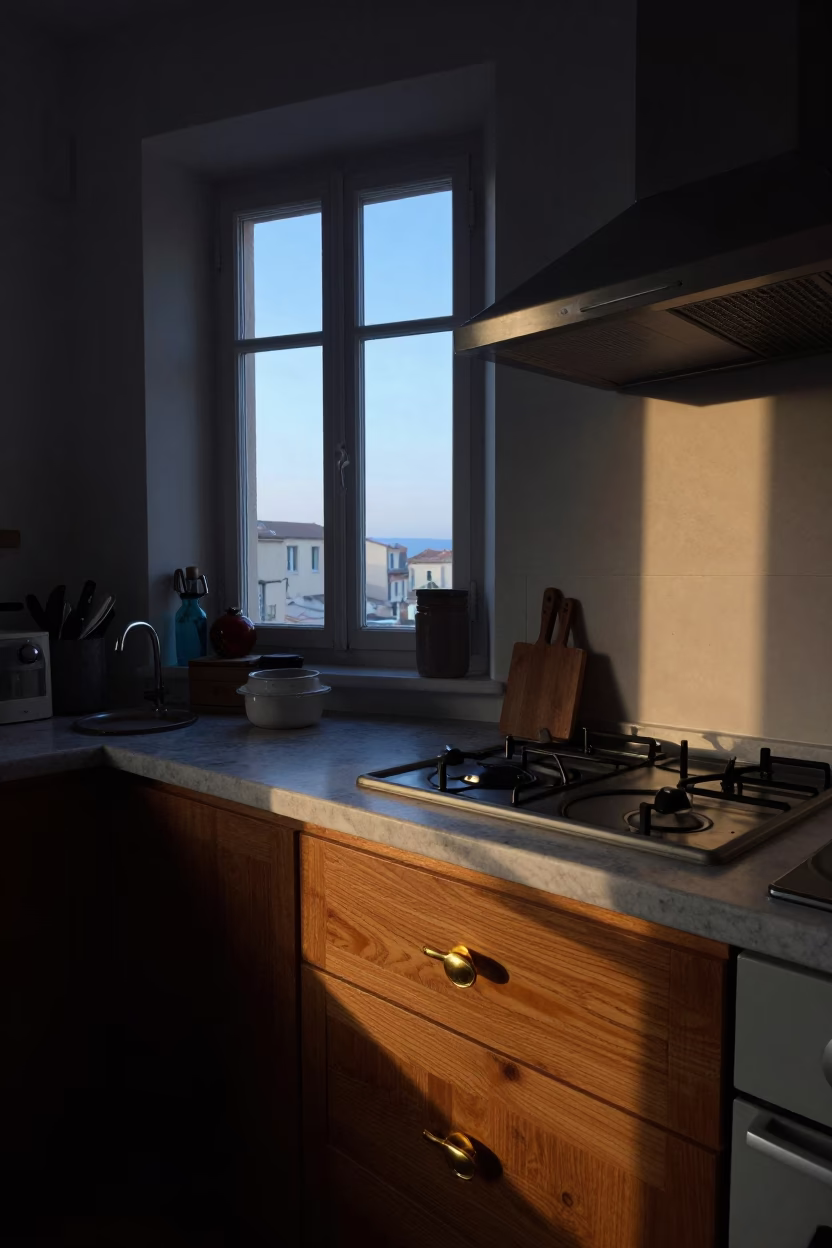 Marseille Kitchen Interior at The Still Hours Before Dawn Light in in Marseille, France