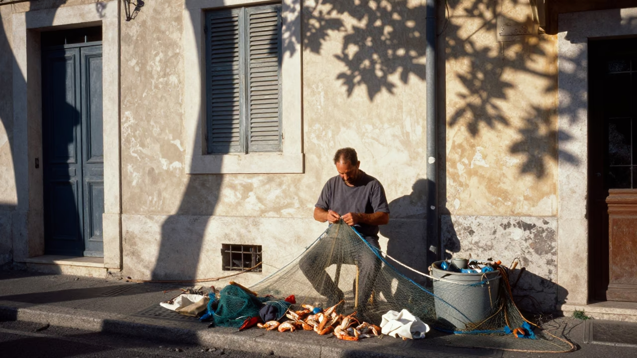 Marseille Late Afternoon Street Scene with Shrimp Trawler Nets and Dappled Shadows in in Marseille, France