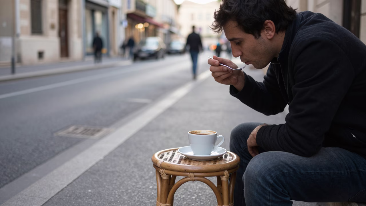 Marseille Late Morning Street Scene with Coffee Cupper and Rattan Stool in in Marseille, France